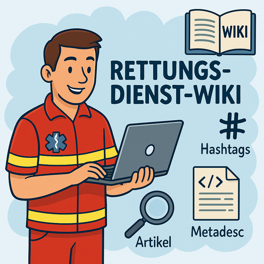 Farbenfrohe Karikatur zeigt Notfallsanitäter in Uniform, der an einem Laptop das Rettungsdienst-Wiki bearbeitet, umgeben von Symbolen für Wissen und Artikel."